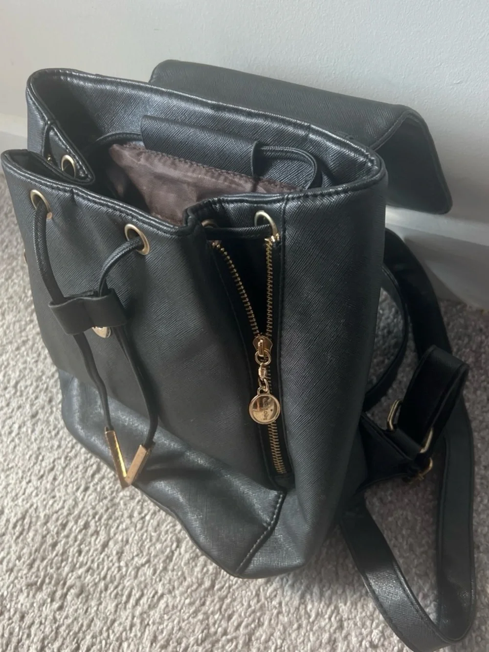 Black Women's Faux Leather Backpack with Gold Accents